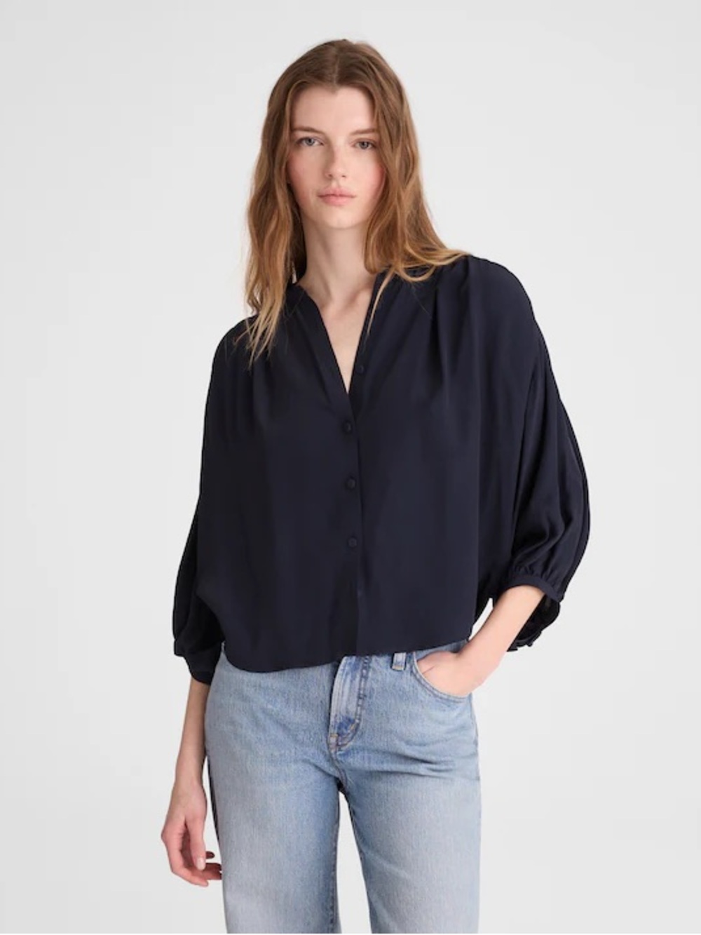 Madewell Shirred Crewneck Button-Up Top crepe de chine navy 3/4 sleeve Sz S NWT